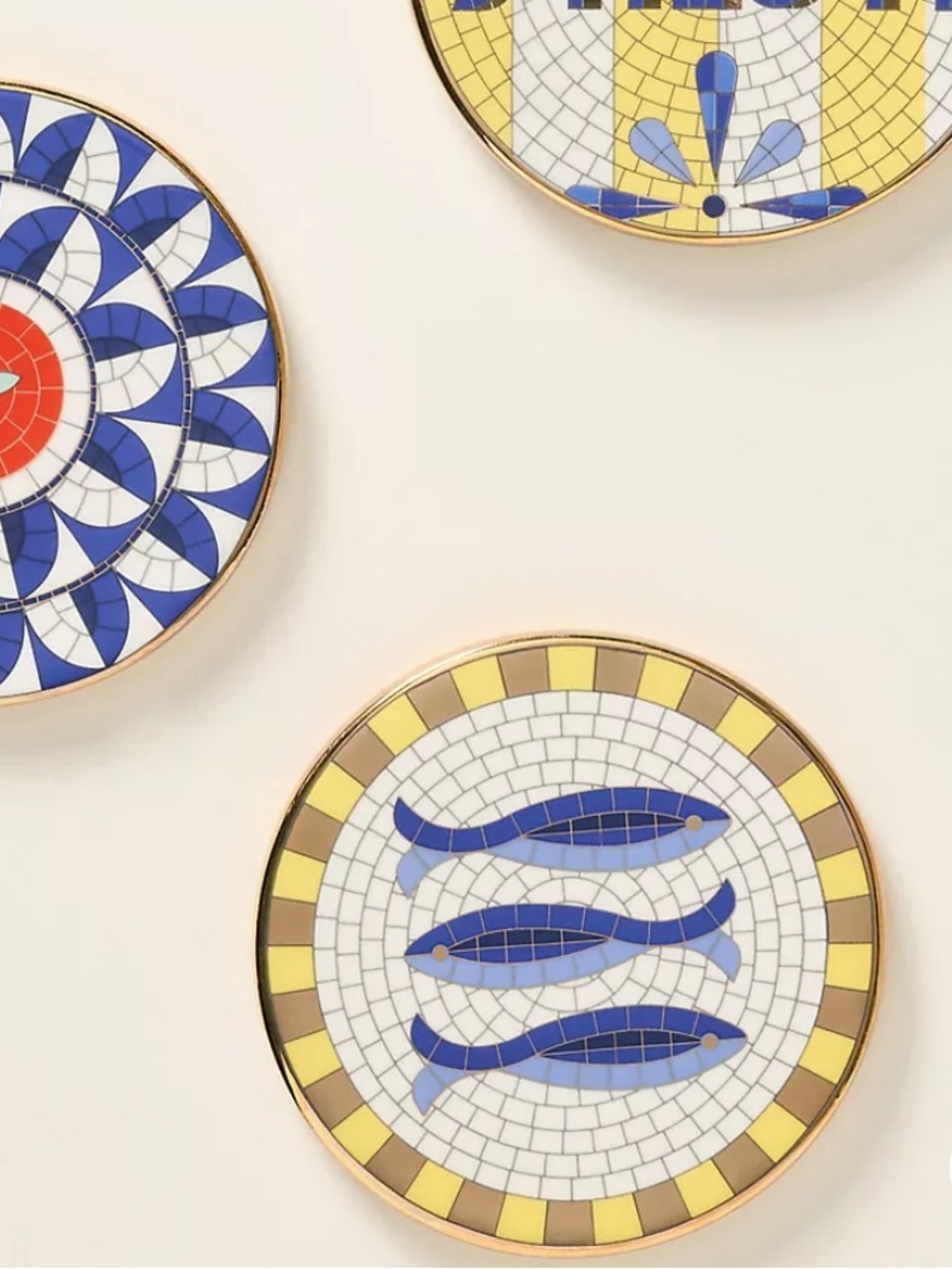 Anthropologie Bistro Tile Stoneware 24k Gold Accent Italia Sardines Coaster - Picture 4 of 5